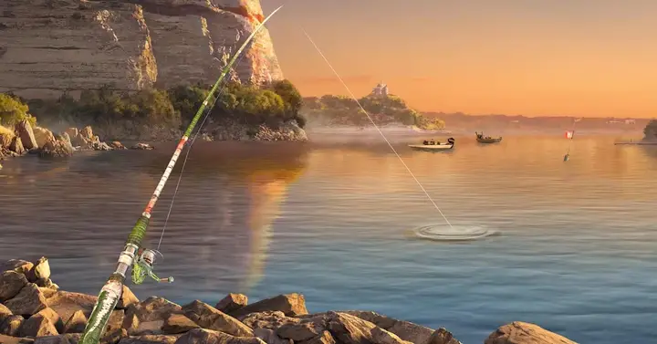 Cana lançada ao entardecer num pesqueiro de falésias em Fishing Clash
